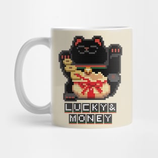 Kuro Maneki Neko Lucky & Money Japanese chubby black cat pixel art Mug